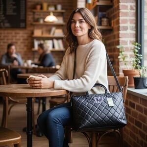 Badgley Mischka Onyx Black Diamond Quilted Tote with Mate Finish